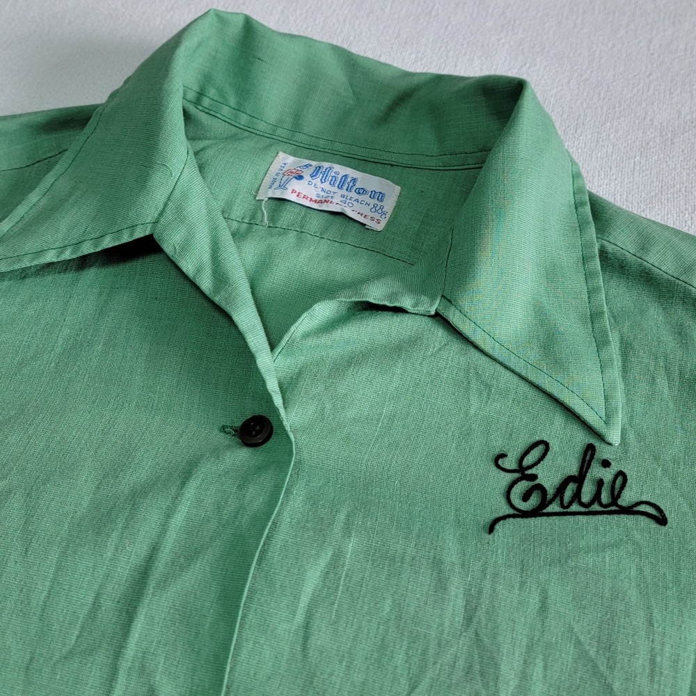 Hilton Bowling Shirt Green Mens M Vintage 80s Chainstitch Embroidery Collectible